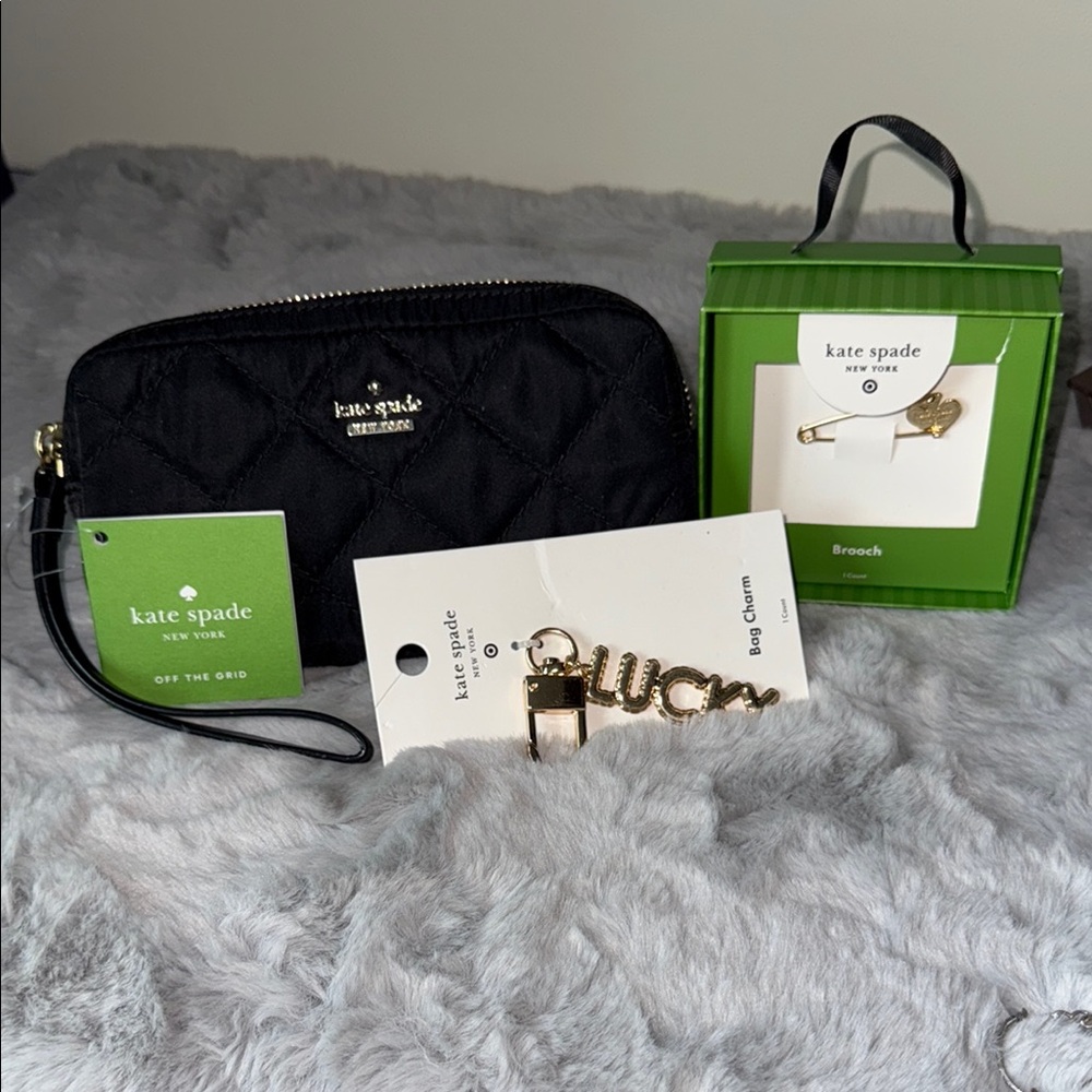 Kate Spade Black Quilted Wristlet with Gold Brooch and Keychain